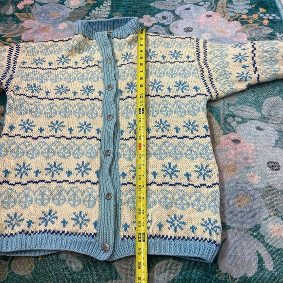 Handmade Wool Cardigan Sweater Womens Cream Blue Fair Isle Knit Scotland Nordic - Picture 13 of 16